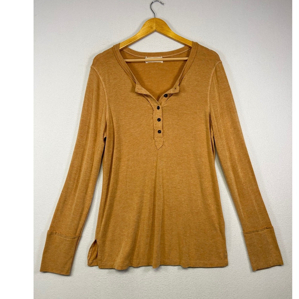 Boho Earthy Time After Time Womens L Mustard Yellow Heathered Henley Long Sleeve